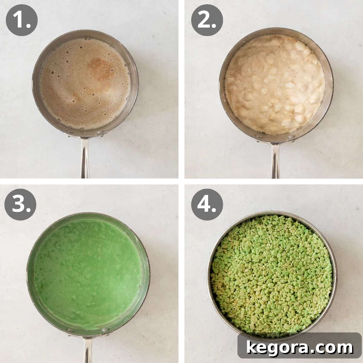 Sparkling Christmas Tree Bites 5 A visual guide showing the steps for preparing the green-dyed crispy treat mixture.