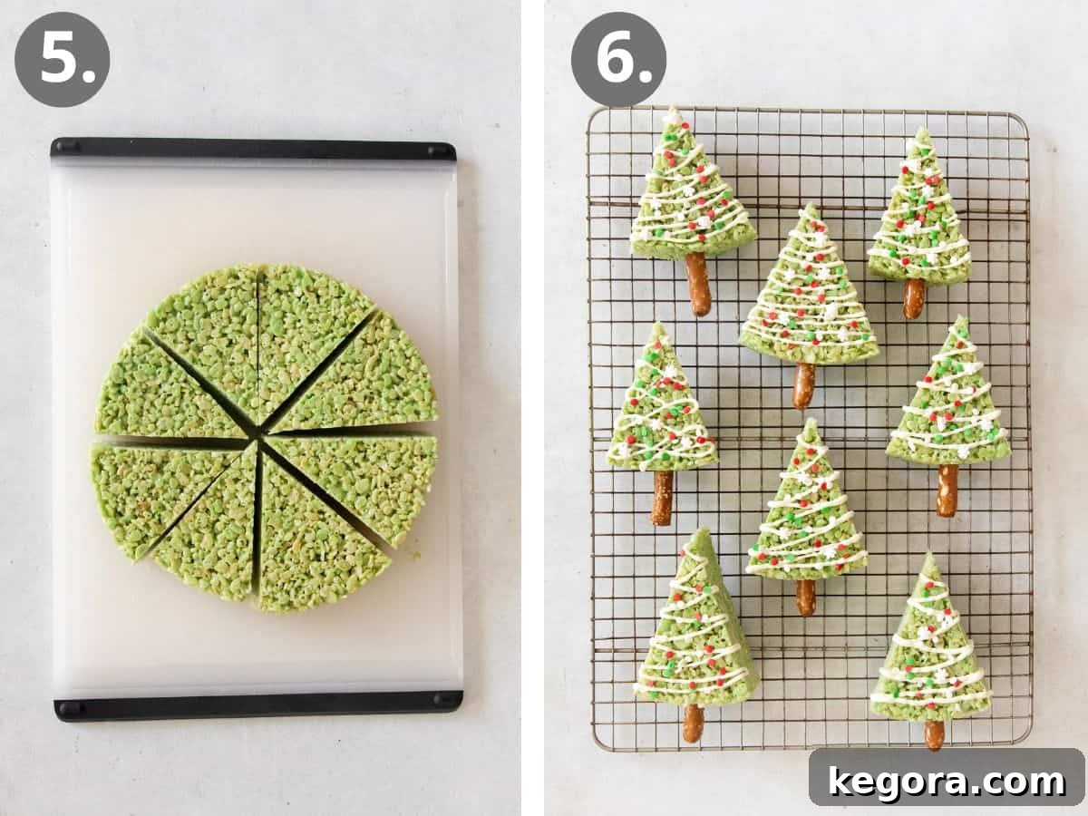 Illustrated steps showing how to expertly cut the round crispy treats into perfect wedges, gently insert pretzel sticks to form trunks, and artistically decorate them with melted white chocolate and festive sprinkles.