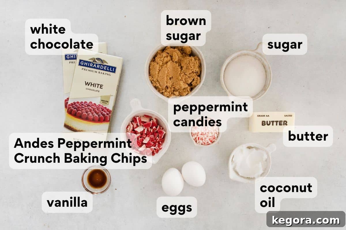 Wet and mint ingredients measured and labeled for white chocolate peppermint pretzel cookies.