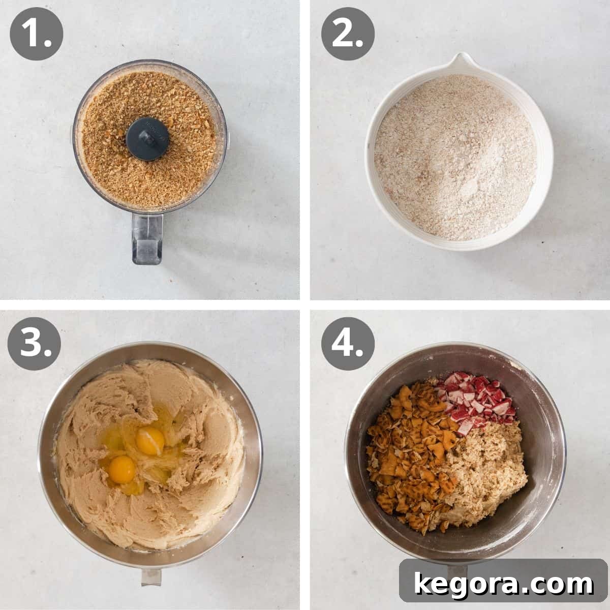 Step-by-step photos showing how to make the cookie dough, from processing pretzels to mixing ingredients.
