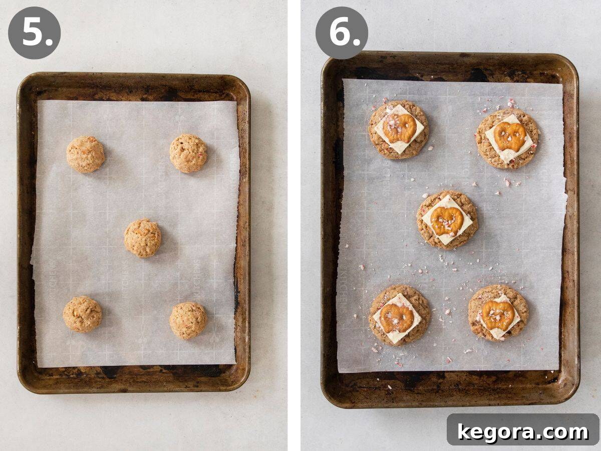 Step-by-step photos showing how to bake and top the white chocolate peppermint pretzel cookies.