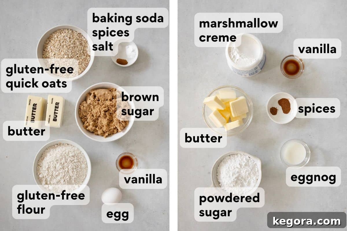 Eggnog oatmeal cream pie ingredients, neatly measured and labeled on a kitchen counter.
