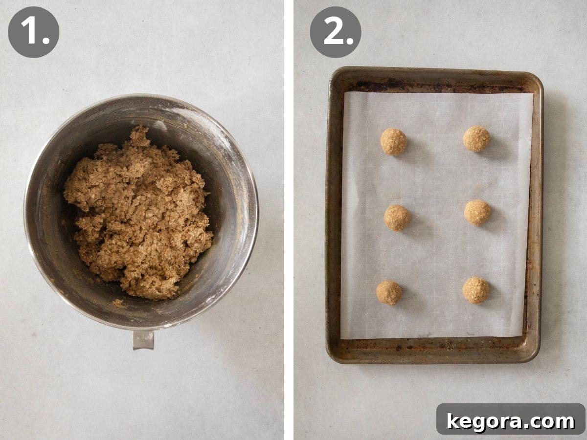 Detailed steps to make the cookie dough and bake the gluten-free eggnog oatmeal cookies.