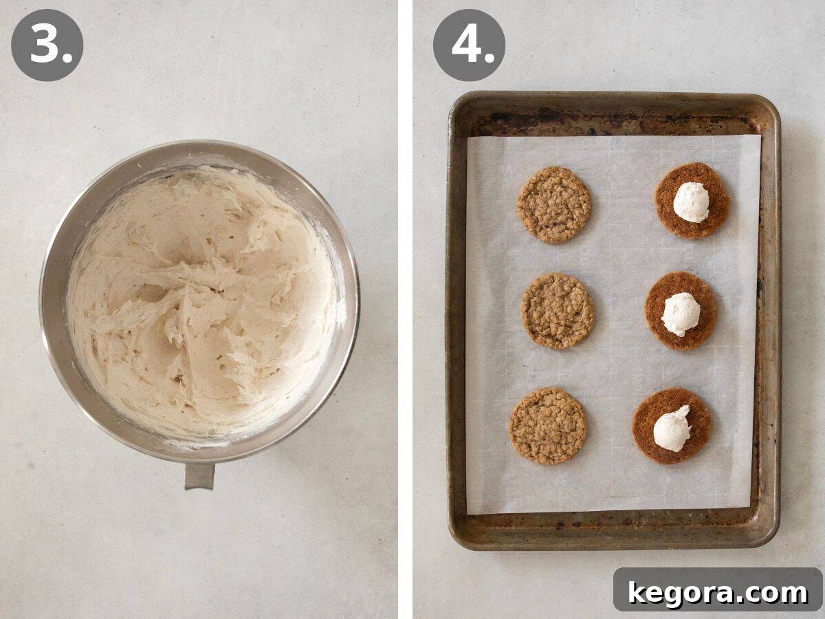 Detailed steps to make the eggnog cream filling and assemble the oatmeal cream pies.