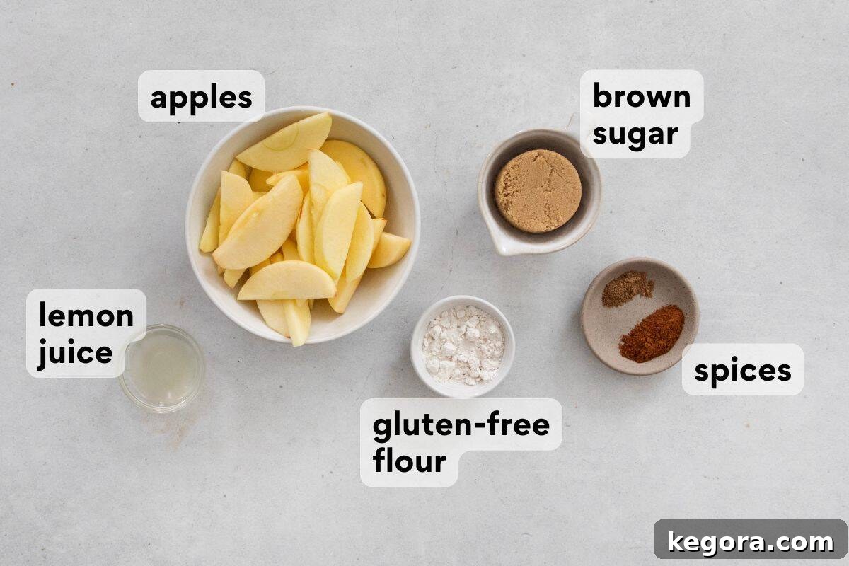 Flaky Gluten-Free Apple Galette 4 Arranged ingredients for gluten-free apple galette, including sliced apples, brown sugar, flour, and spices, all measured out and ready for mixing.