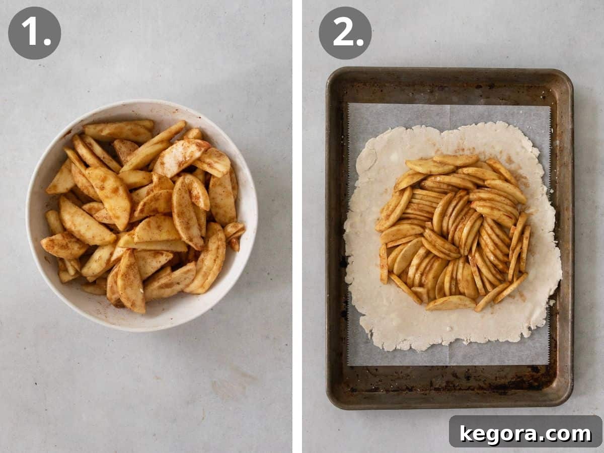 Flaky Gluten-Free Apple Galette 5 The initial steps of making an apple galette, showing sliced apples in a bowl mixed with spices and a rolled-out pie dough ready for filling.