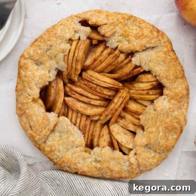 An overhead view of a rustic gluten-free apple galette on a clean countertop, showcasing its golden crust and beautifully arranged apple filling.