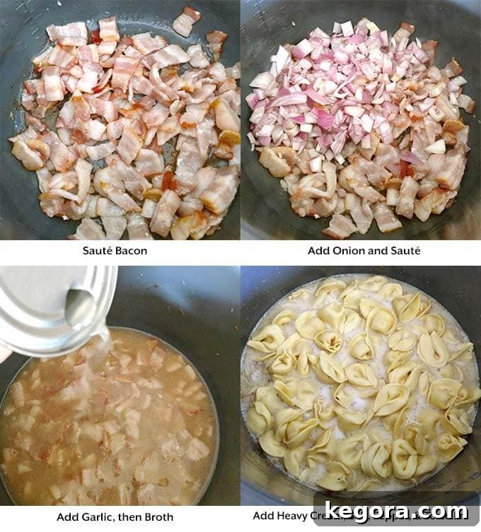 Easy Instant Pot Tortellini Alfredo 3 cooking the bacon, onion, adding broth, tortellini