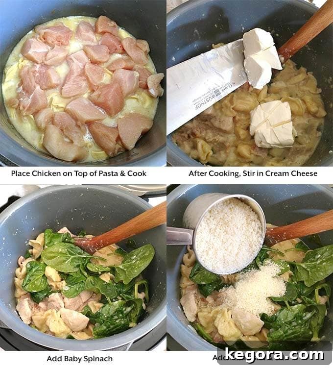Easy Instant Pot Tortellini Alfredo 4 Adding chicken, cheese, spinach