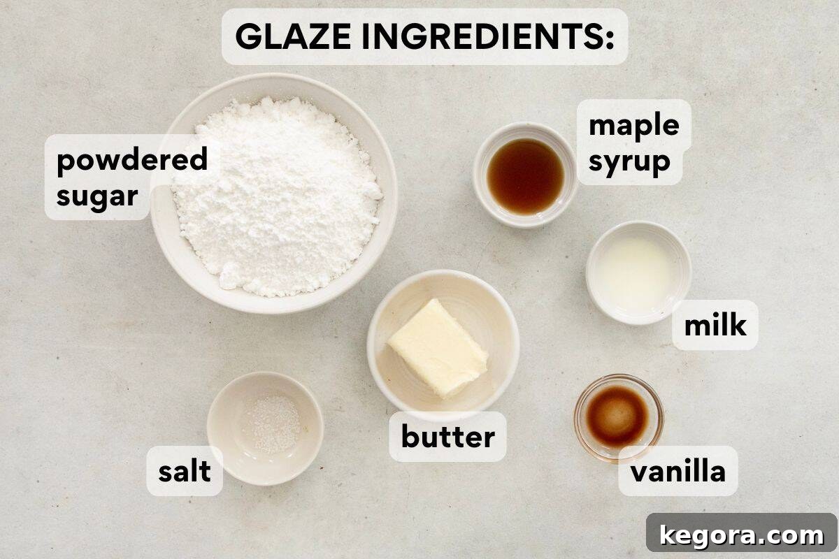Crispy Gluten-Free Apple Delights 5 Ingredients for a brown butter maple glaze, including browned butter, powdered sugar, maple syrup, and vanilla, neatly arranged with labels.