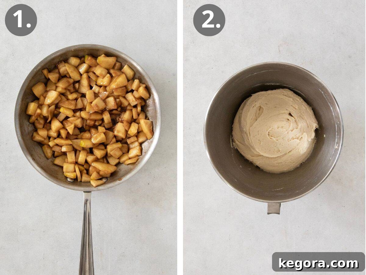 Crispy Gluten-Free Apple Delights 6 Detailed steps showing the preparation of the apple filling and the mixing of the gluten-free fritter dough.