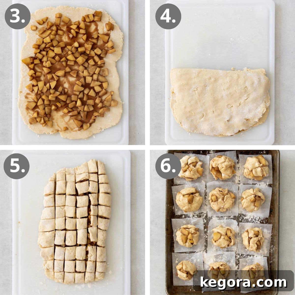 Crispy Gluten-Free Apple Delights 7 Visual steps illustrating how to roll out the dough, add the apple filling, and expertly shape the fritters.