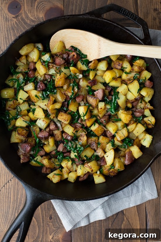 Delicious Caramelized Shallot, Kale & Sausage Hash, a perfect healthy and gluten-free meal solution for using up Costco sausages.