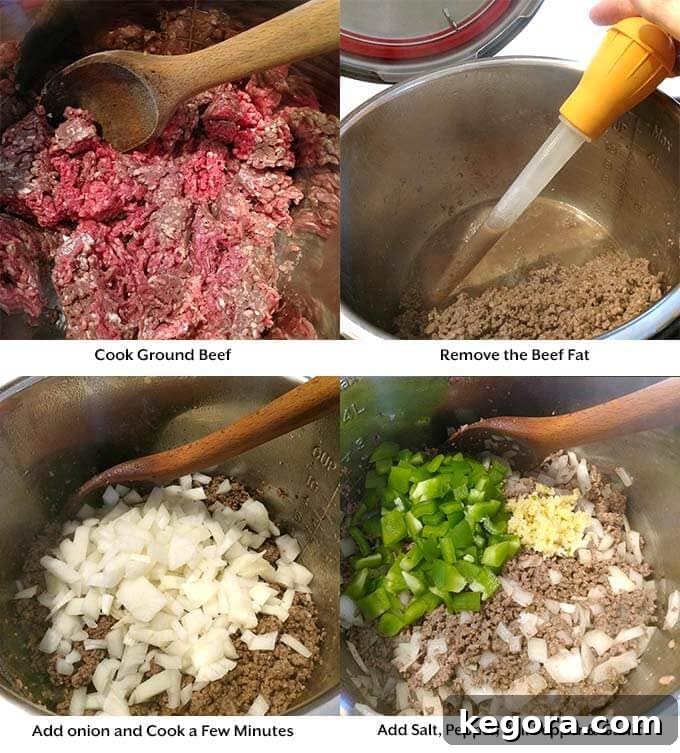 Easy Instant Pot Sloppy Joes 3 Four sequential images demonstrating the initial steps of making Instant Pot Sloppy Joes: browning ground beef, draining excess fat, and adding diced onions and bell peppers.