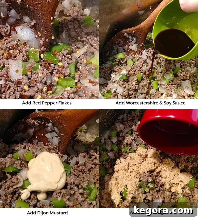 Easy Instant Pot Sloppy Joes 4 Four sequential images illustrating the middle stages of preparing Instant Pot Sloppy Joes: adding various seasonings like garlic, Worcestershire sauce, soy sauce, Dijon mustard, and brown sugar, followed by beef broth.