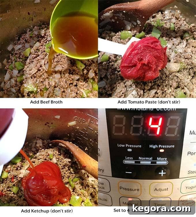 Easy Instant Pot Sloppy Joes 5 Four sequential images showing the final layering steps before pressure cooking Instant Pot Sloppy Joes: adding tomato paste and ketchup on top of the meat mixture without stirring, and then setting the Instant Pot to cook.