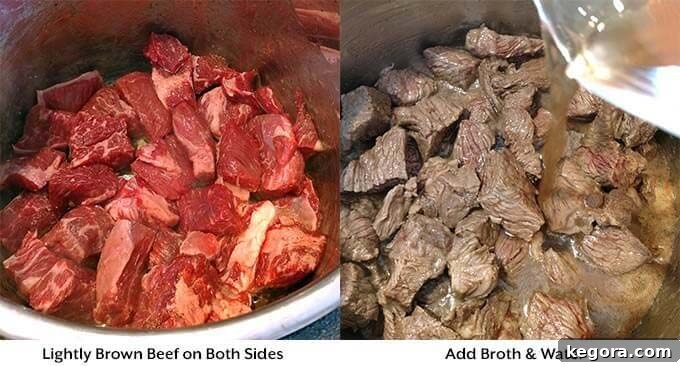 Hearty Instant Pot Beef and Noodles 3 Two images showing process of browning meat