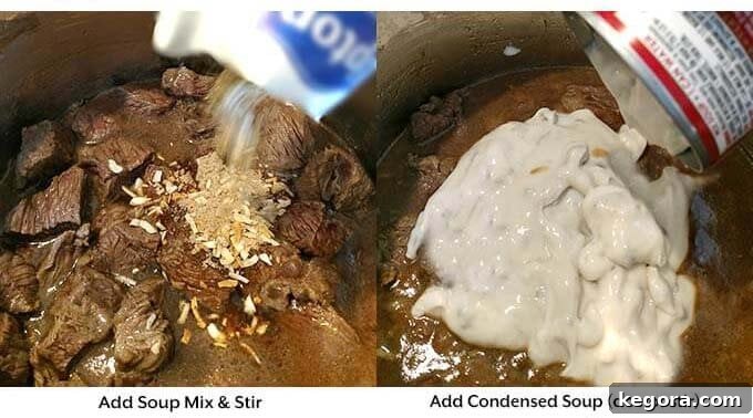 Hearty Instant Pot Beef and Noodles 4 two images showing the addition of soups