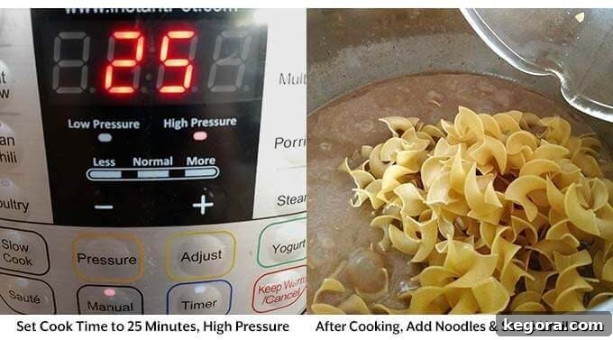 Hearty Instant Pot Beef and Noodles 5 Two images showing the cook time on pressure cooker and pasta added in the pressure cooker