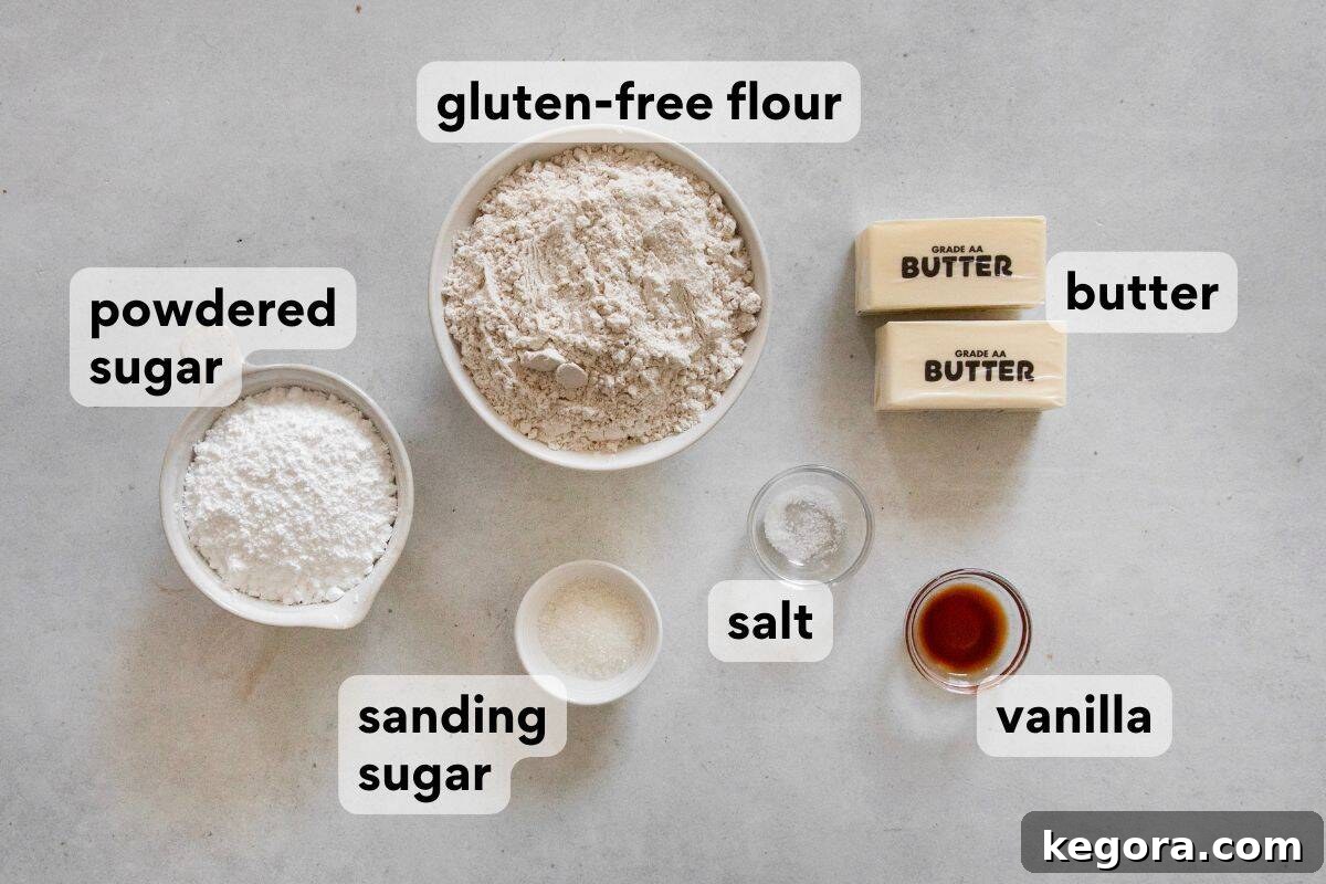 Shortbread ingredients laid out and labeled: high-quality gluten-free measure-for-measure flour, unsalted butter at room temperature, finely milled powdered sugar, pure vanilla extract, and a pinch of kosher salt.