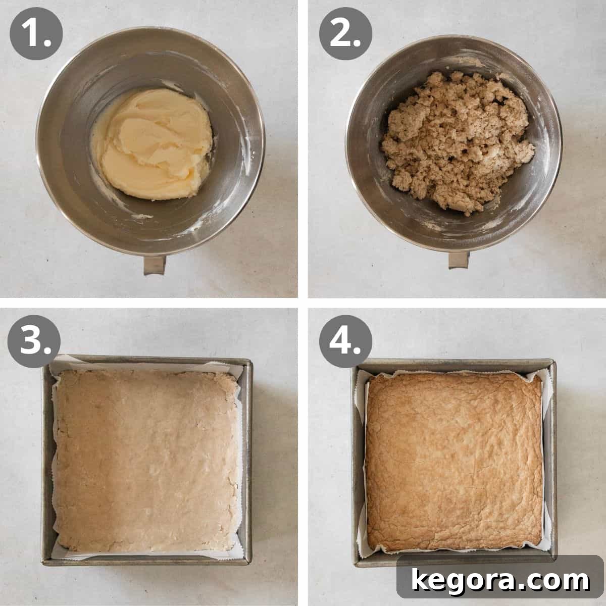 A visual step-by-step guide showing how to prepare gluten-free shortbread dough, press it evenly into a square baking pan, and bake it until golden brown perfection.