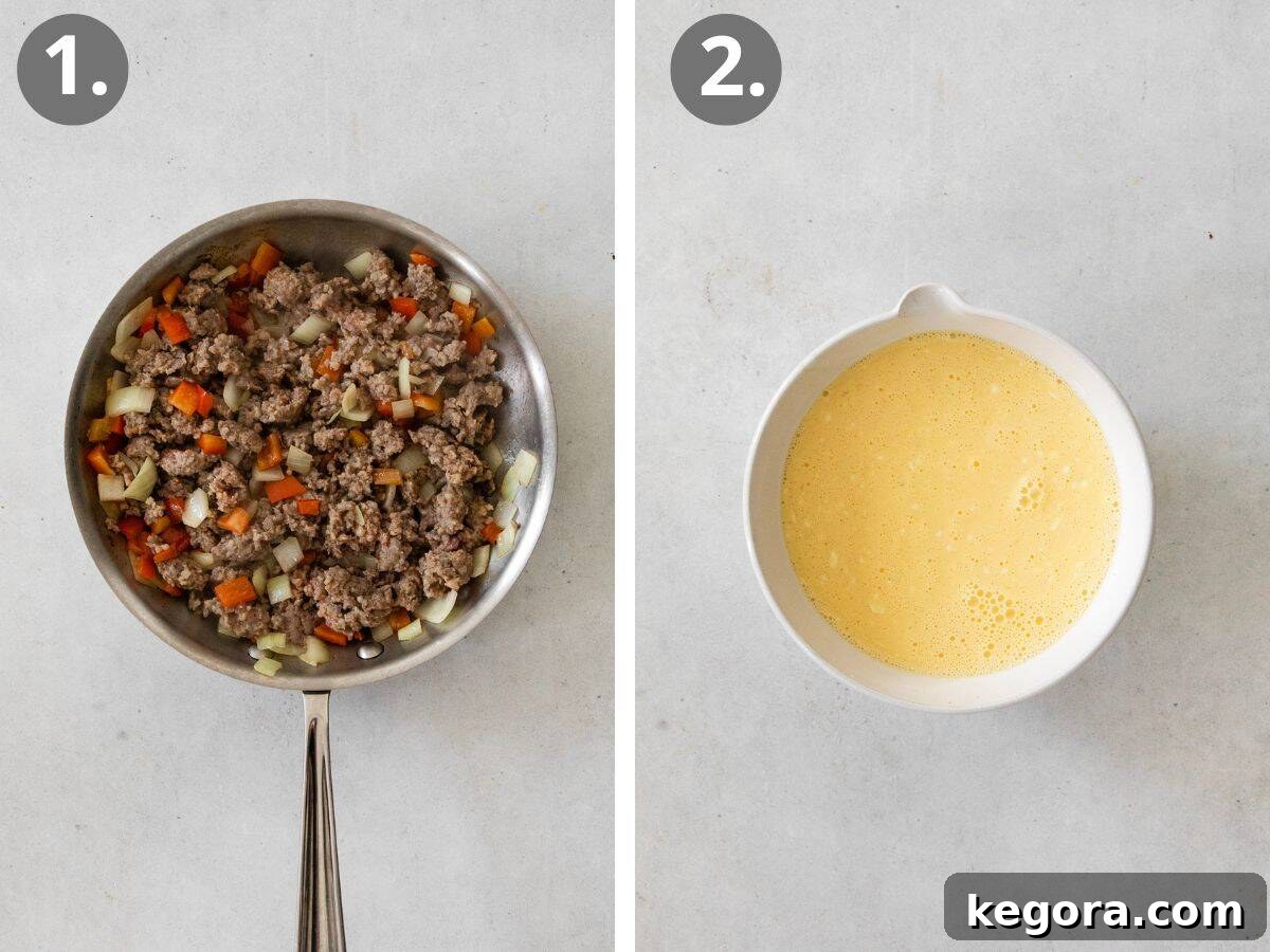 Close-up images showing the preparation steps for the sausage and egg mixtures, including sautéing vegetables with sausage and whisking eggs with dairy.