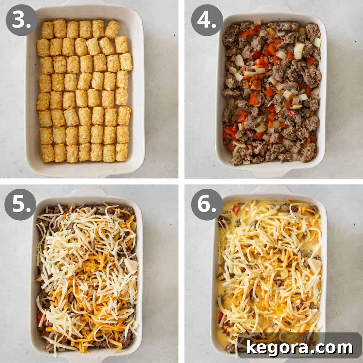 Visual steps illustrating the assembly of the tater tot breakfast casserole layers and the final baking process.