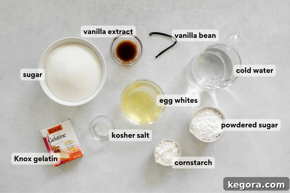 Pillowy Vanilla Bean Marshmallows 5 A curated selection of fresh ingredients for making vanilla bean marshmallows, including granulated sugar, gelatin packets, egg whites, and a whole vanilla bean, neatly arranged on a kitchen countertop.