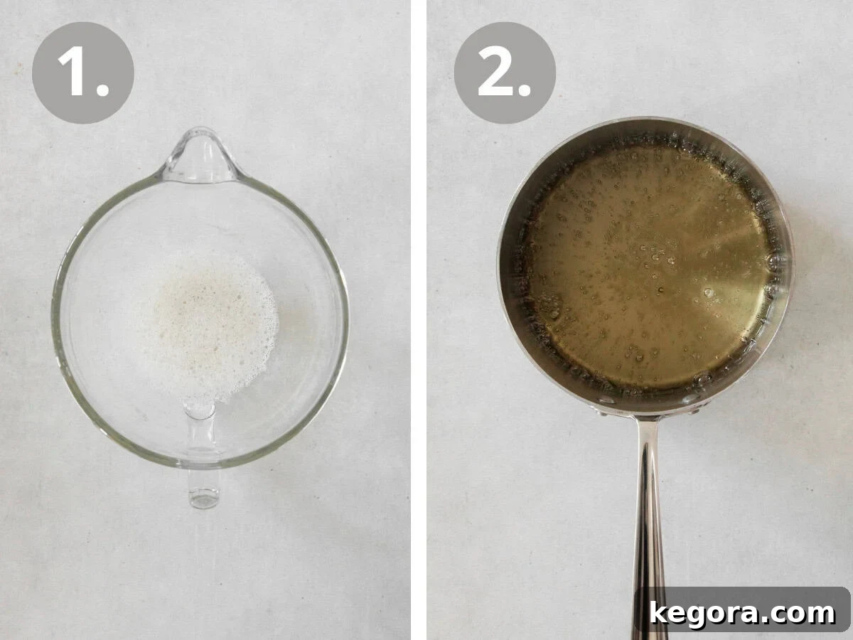 Pillowy Vanilla Bean Marshmallows 6 Two side-by-side images: gelatin blooming in cold water in a mixer bowl, and sugar, salt, and water boiling in a heavy-bottomed saucepan, illustrating the crucial first steps for vanilla bean marshmallows.