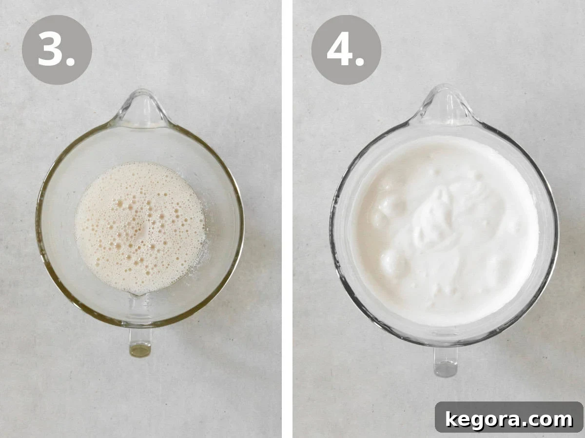Pillowy Vanilla Bean Marshmallows 7 Two sequential images: the first shows hot sugar syrup being slowly poured into bloomed gelatin in a mixer bowl; the second displays the marshmallow mixture vigorously whipping into glossy, voluminous soft peaks.
