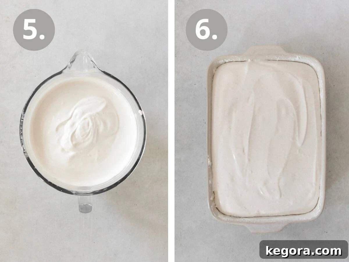 Pillowy Vanilla Bean Marshmallows 8 Two images: the first shows the freshly whipped marshmallow batter in a stand mixer bowl; the second illustrates the marshmallow mixture being smoothly spread into a prepared baking pan to set and firm up.