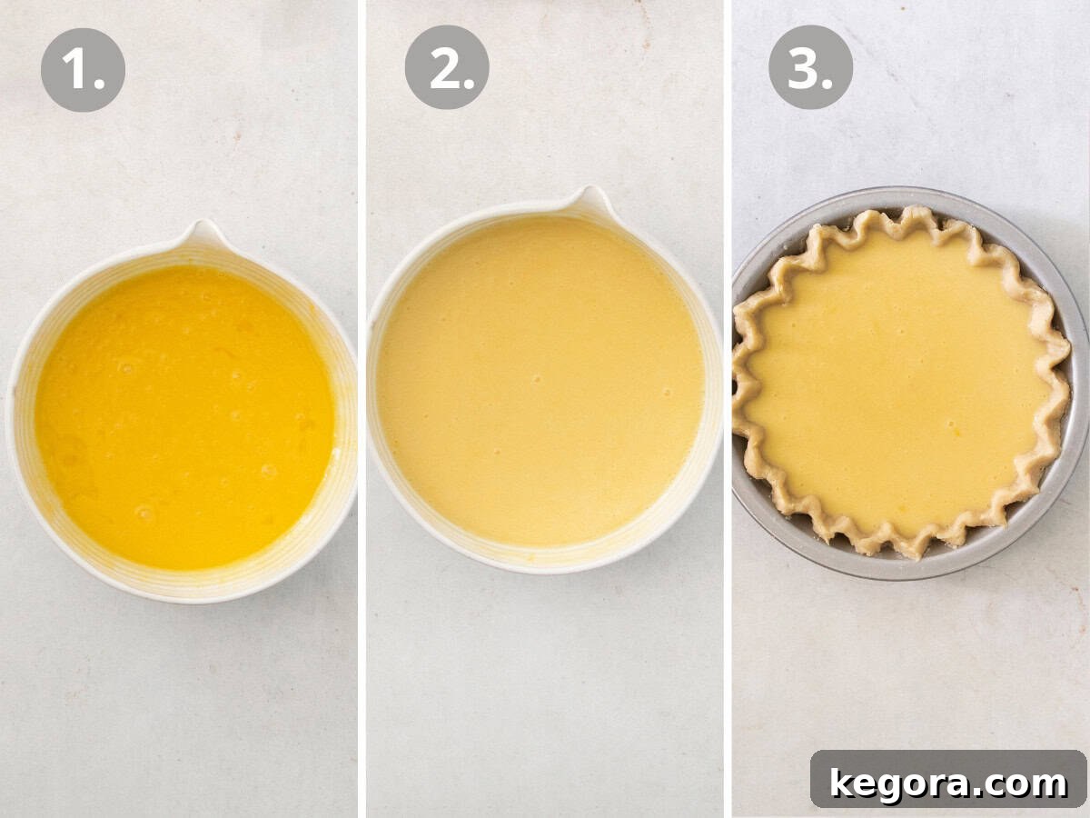 Southern Charm Gluten-Free Buttermilk Pie 5 Process shots showing gluten-free buttermilk pie preparation: raw egg and milk in a bowl, then ingredients mixed, then liquid filling poured into a par-baked gluten-free pie crust.