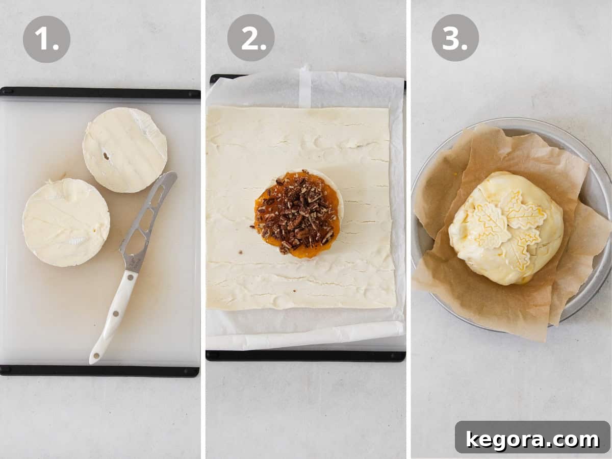 Decadent Gluten-Free Warm Brie 6 Gluten-free baked Brie instructions: a wheel of Brie on a cutting board with a knife, Brie topped with jam and pecans, and Brie wrapped in gluten-free pastry dough.