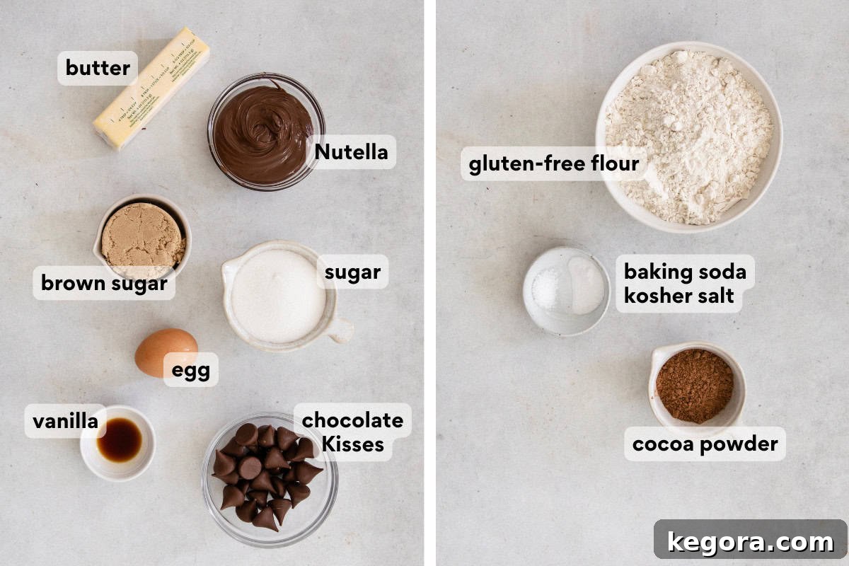 A colorful array of ingredients for gluten-free Nutella witch hat cookies laid out on a kitchen countertop.