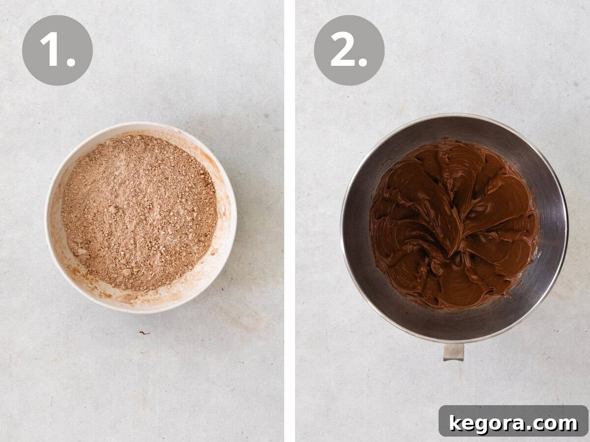 Visual steps for making gluten-free Nutella witch hat cookies. First image shows dry ingredients, second shows butter and Nutella being creamed.