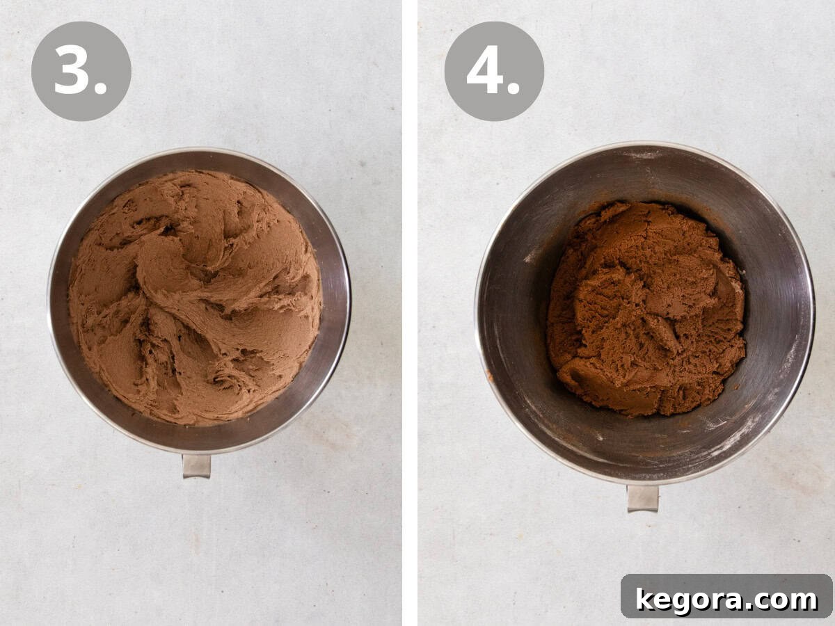 More visual instructions for gluten-free Nutella witch hat cookies. First shows egg and vanilla added, second shows wet and dry ingredients combined.