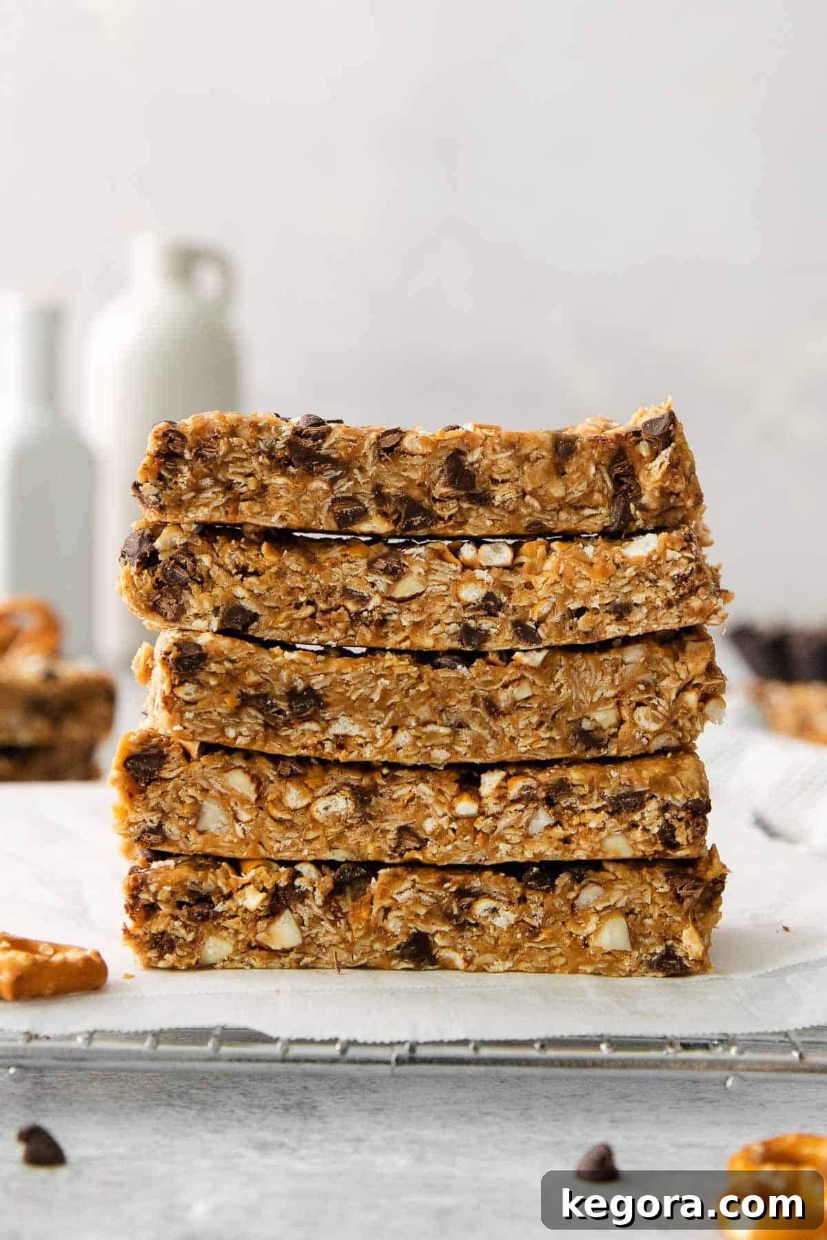 A stack of delicious no-bake peanut butter oatmeal bars on a kitchen counter, ready to be enjoyed.