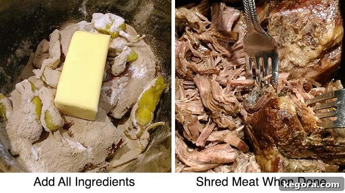 Ultimate Mississippi Slow Cooker Roast 4 Two images showing the process to make Mississippi Pot Roast: first, adding all ingredients to the slow cooker; second, shredding the tender meat when done.