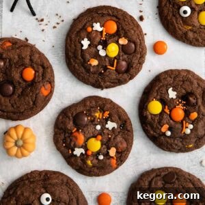 Fudgy gluten-free Halloween cookies, decorated with festive sprinkles, spread out on a counter top, ready for a party.