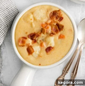 A close-up photo of dairy-free potato soup