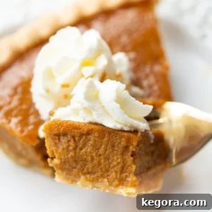 Slice of pumpkin pie with a piece on a fork