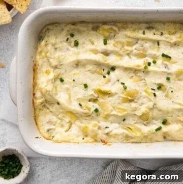 Hot artichoke dip in a baking dish