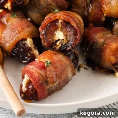 A closeup photo of bacon-wrapped dates