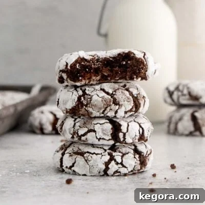 stack of 4 chocolate crinkle cookies with 1 bite missing.