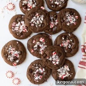 overhead shot of chocolate mint cookies topped with peppermint