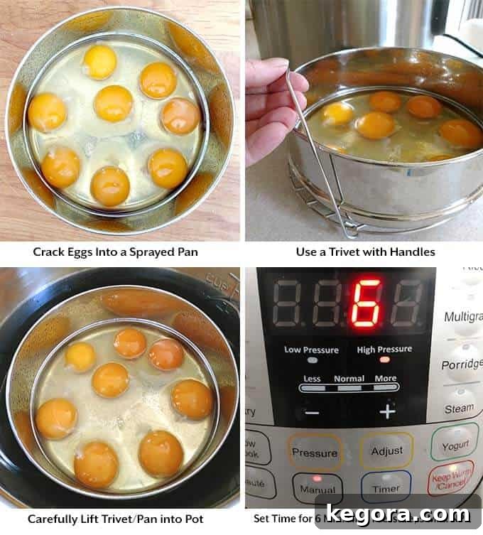 Go-To Instant Pot Egg Loaf 3 Four process images showing cracked eggs in a metal pan, then placed on a trivet inside an Instant Pot before the cooking time is set
