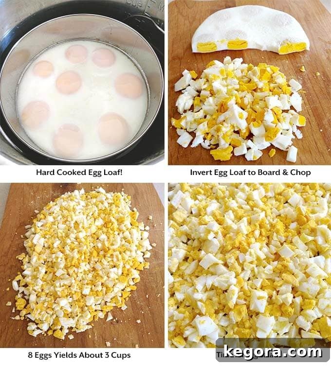 Go-To Instant Pot Egg Loaf 4 Four process images showing the cooked egg loaf still in the pan inside the pressure cooker, then being removed, placed on a wooden board, and finally crumbled