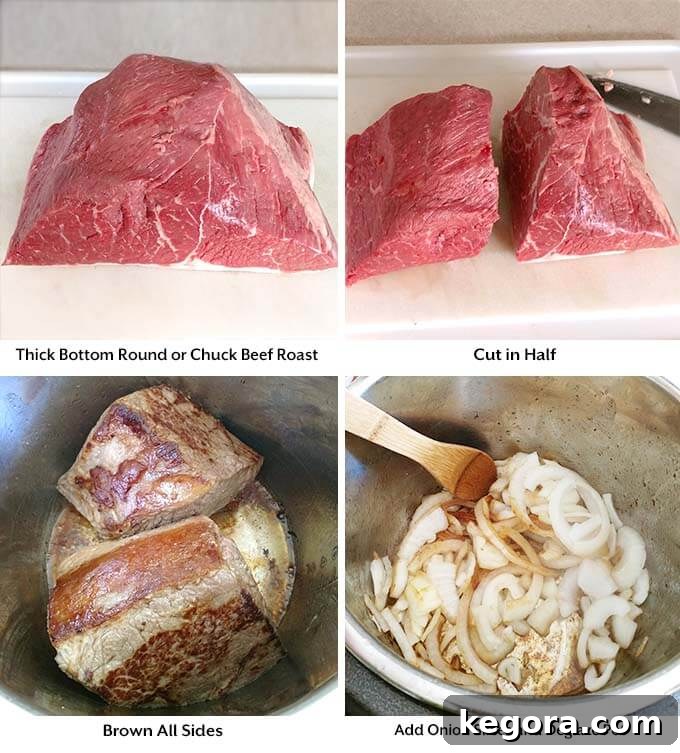 Instant Pot French Dip Perfection 3 Four process images showing the meat being cut in half, then browned in an Instant Pot, before removing the meat and adding onions