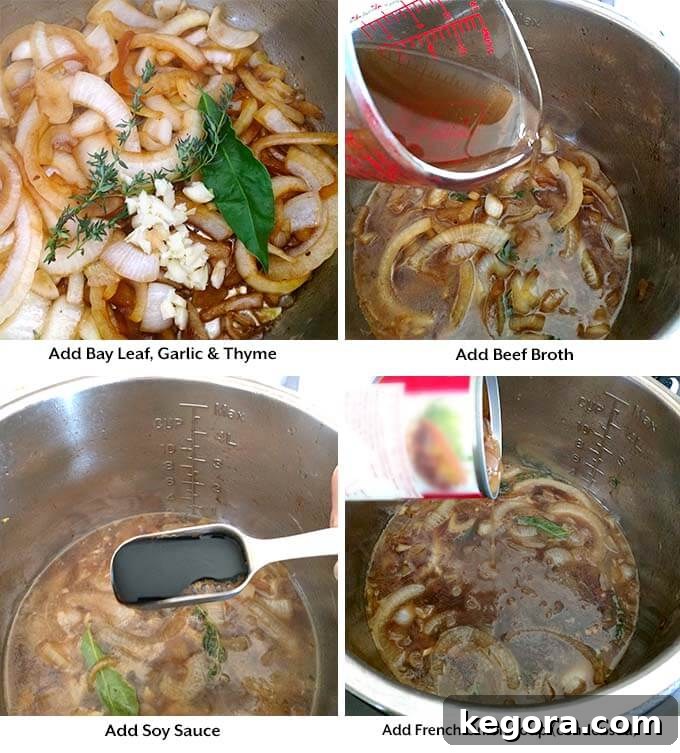 Instant Pot French Dip Perfection 4 Four process images showing the addition of seasonings like bay leaf, garlic, thyme, and liquids like beef broth, soy sauce, and French onion soup to the Instant Pot