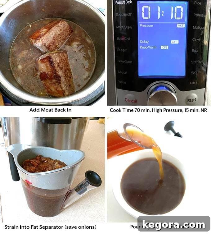 Instant Pot French Dip Perfection 5 Four process images showing the meat placed back into the Instant Pot, the setting of the pressure cooker cook time, straining the juice, and pouring the au jus into a ramekin